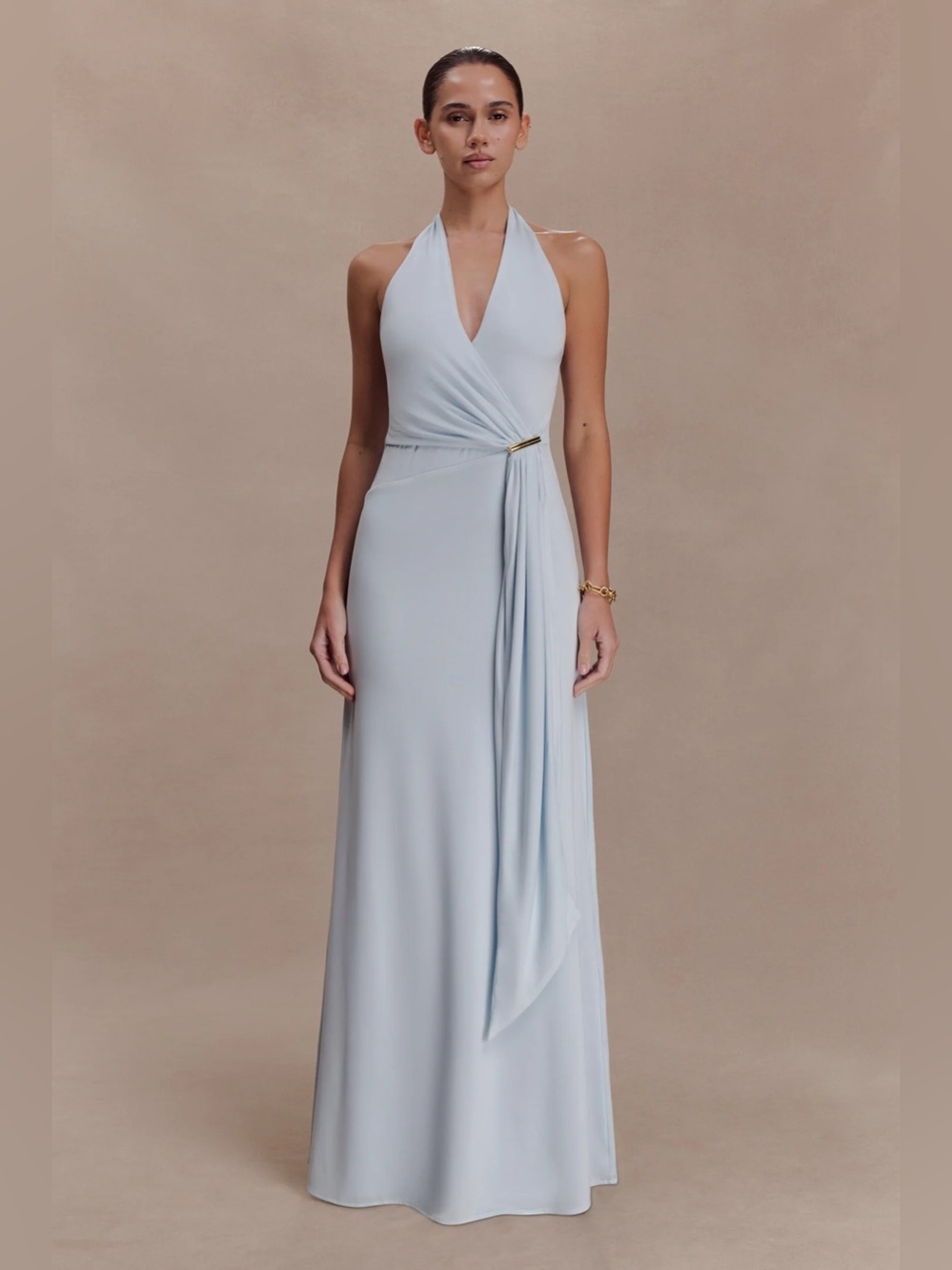 Meshki Pale Blue Halter Backless Maxi Dress with Wrap Detail